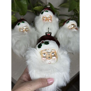 Retro Santa Claus Head Glass Ornaments Faux Fur Beard Holiday Decor 6” Christmas